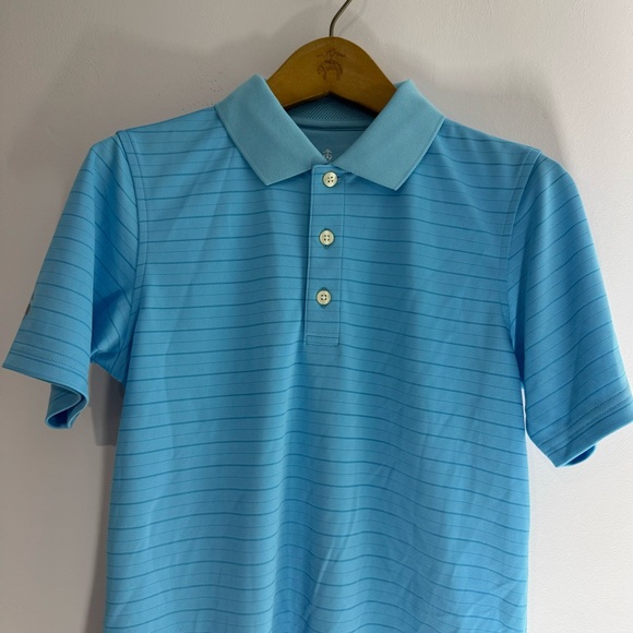 NWOT Brooks Brothers Boys Medium Polo Shirt Performance Blue Striped - Picture 2 of 5